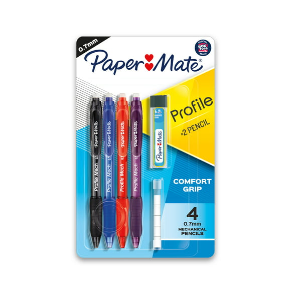 Paper Mate Profile Mech Mechanical Pencil Set, 0.7mm #2 Pencil Lead, Great for Home, School, Office Use, Assorted Barrel Colors, 4 Pencils, 1 Lead Refill Set, 5 Erasers