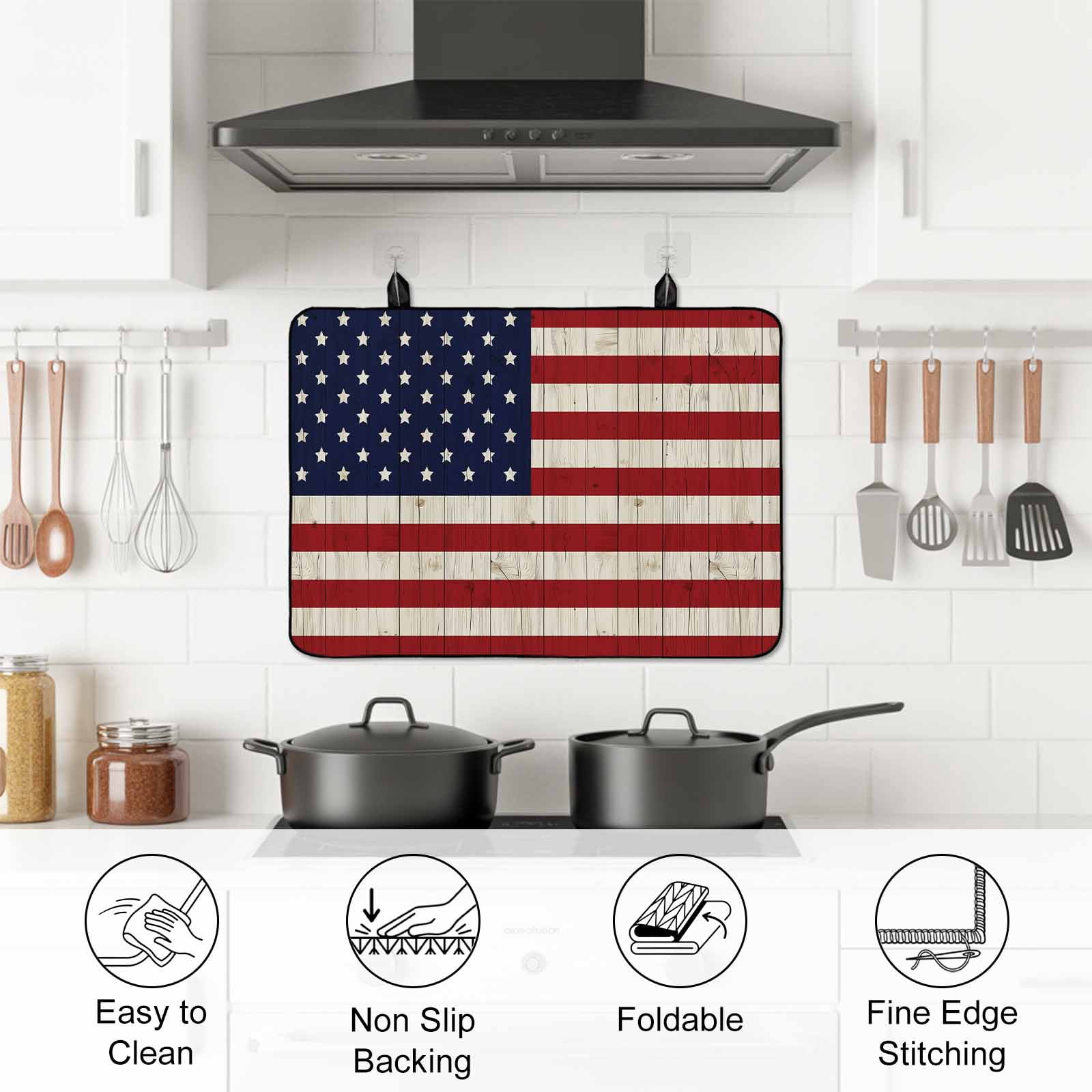 American Flag Stove Top Cover for Electric Stove, Heat-proof & Non Slip Glass Top Stove Cover Protector, Vintage Wooden Star Striped Red Blue Kitchen Flat Cooktop Rubber Mat 24x21 Inches