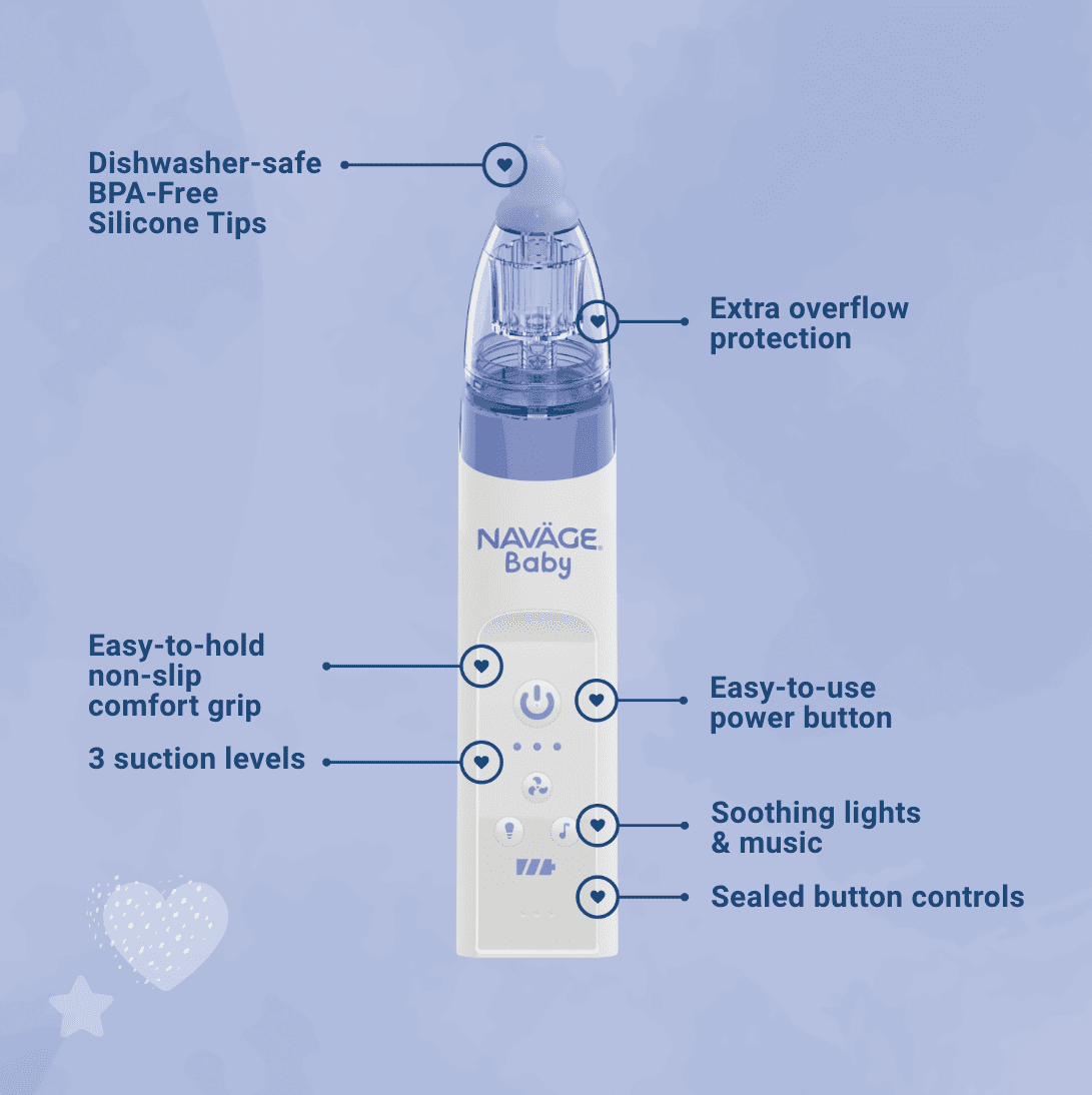 Navage Baby Nasal Aspirator - Gentle Nasal Aspirator  w/ Lights, Lullabies & BPA Free Silicone Tips for Baby Congestion & Stuffy Noses, Ages 0+