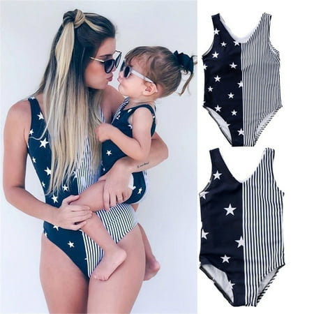Matching Women Baby Kid Girls Striped Star Print Swimwear Swimsuit Bikini Beachwear
