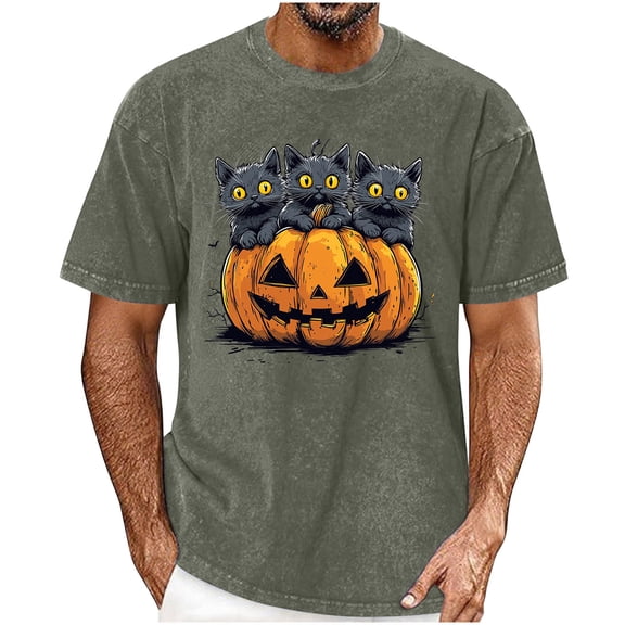 Mifsaly Men Halloween T-Shirts Black Cats Pumpkin Graphic Short Sleeve Crew Neck Tops Comfortable Casual Fall Novelty Graphic Shirts Green,L