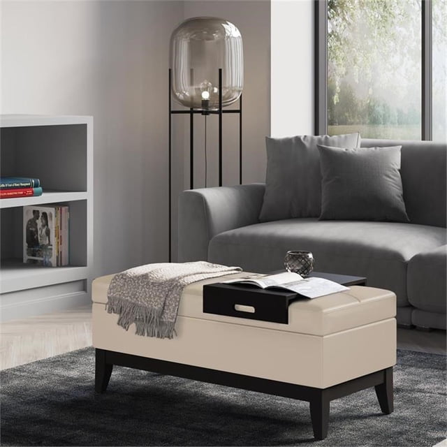 Oregon 42"W Rectangle Storage OttomanBench with Tray in Satin Cream Faux Leather