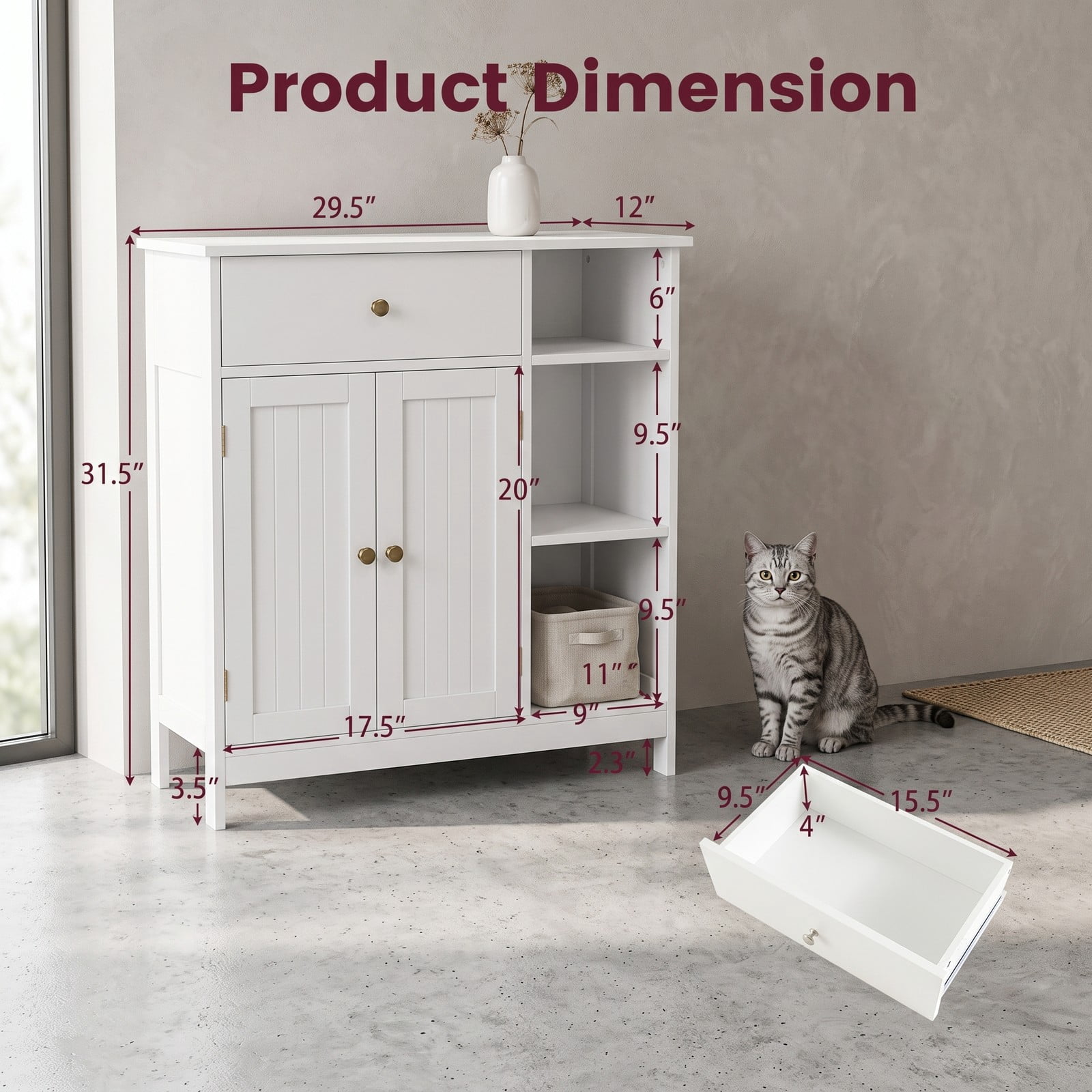 ALPULON Bathroom Floor Storage Cabinet with Drawer and 3 Open Compartments, Freestanding MDF Organizer Cabinet with Adjustable Shelf and Anti-Tip Device for, White