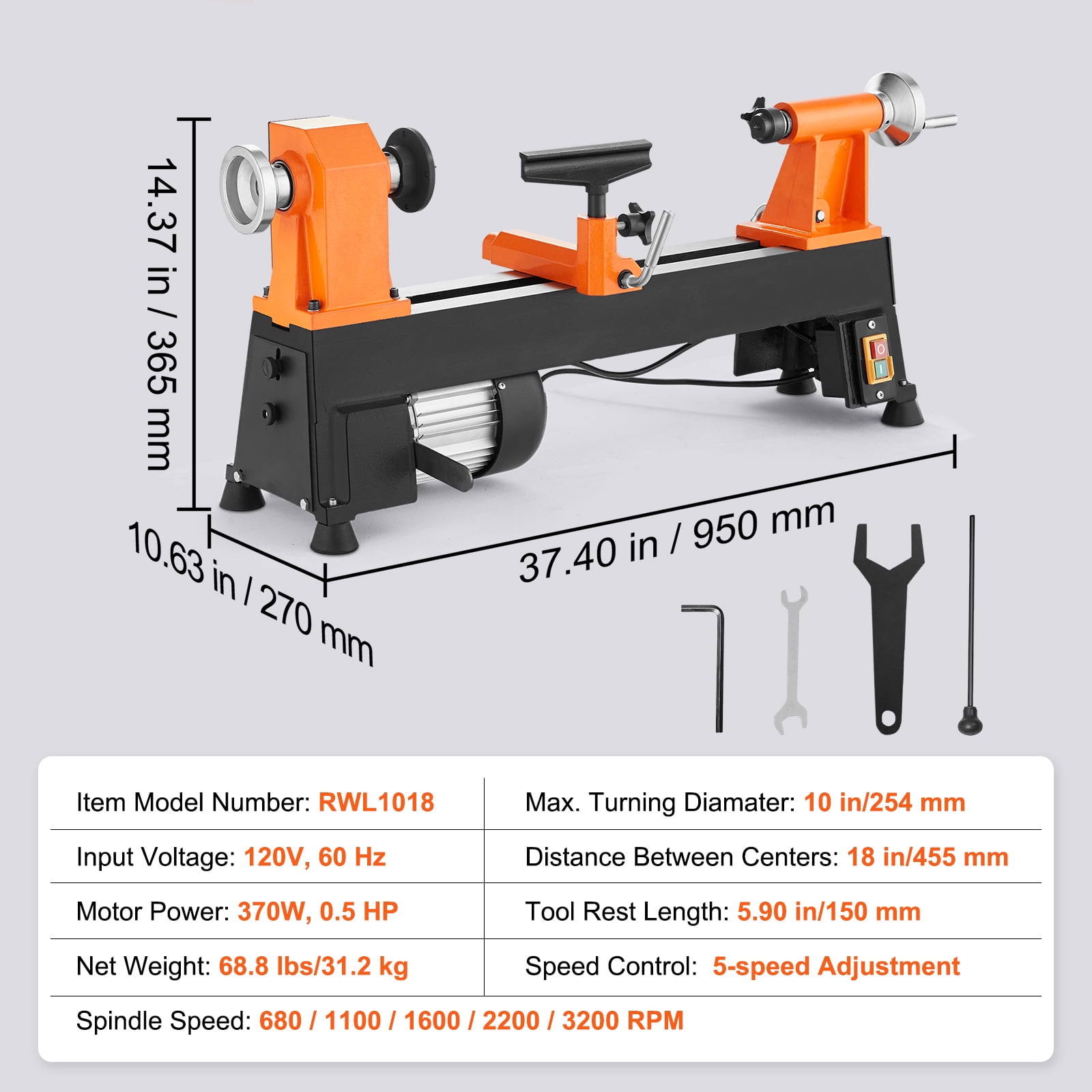 SKYSHALO 10 in x 18 in 0.5 HP 370W Benchtop Wood Lathe Power Wood Turning Lathe