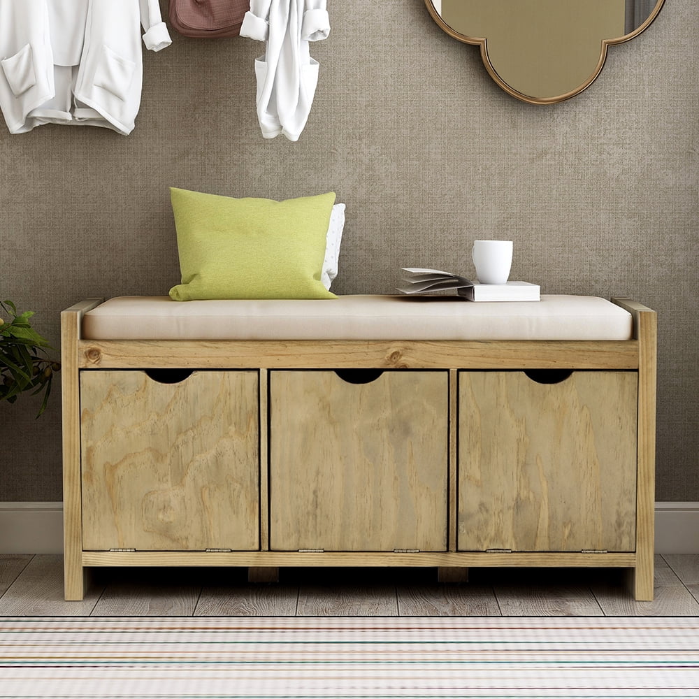 Kepooman Home Classic Solid Pine Storage Bench, 3-Cube Organizer Storage Bench with Removable Cushion for Living Room, Natural Kepooman Home Classic Solid Pine Storage Bench, 3-Cube Organizer Storage Bench with Removable Cushion for Living Room, Natural