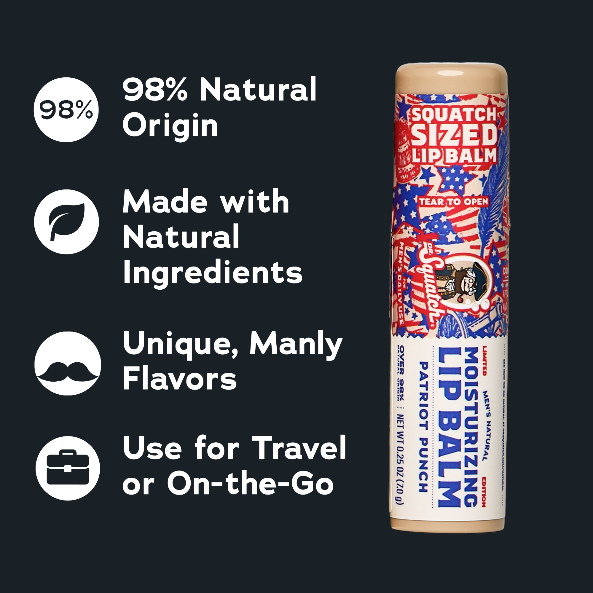Dr. Squatch Moisturizing Lip Balm, Natural Lip Moisturizer Butter for Men Lip Care, Patriot Punch, 0.25 Oz, 2 Pack