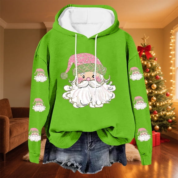 Yteetum Christmas Hoodies for Women Oversized Christmas Santa Claus Print Long Sleeved Fleece Hooded Sweatshirts Pullover Tops Womens Xmas Graphic Loose Drop-Shoulder Fleece Hoodies Fall Winter