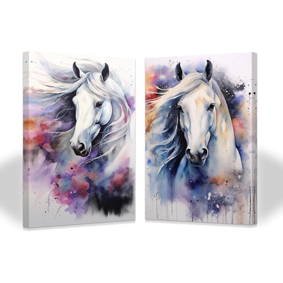 CCWACPP 2 Piece Wall Art Watercolor Horse Painting Colourful Horse Picture Wild Animal Canvas Print for Farmhouse Bedroom Office (11.00" x 14.00" x 2PCS)