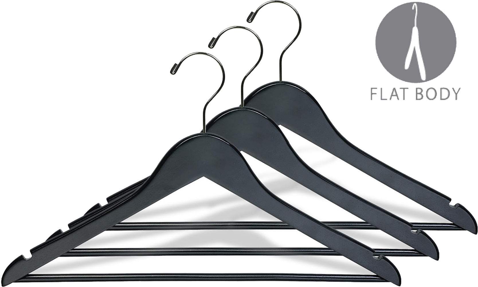 Black Wood Suit Hanger w/ Solid Wood Bar, Box of 25 Space Saving 17