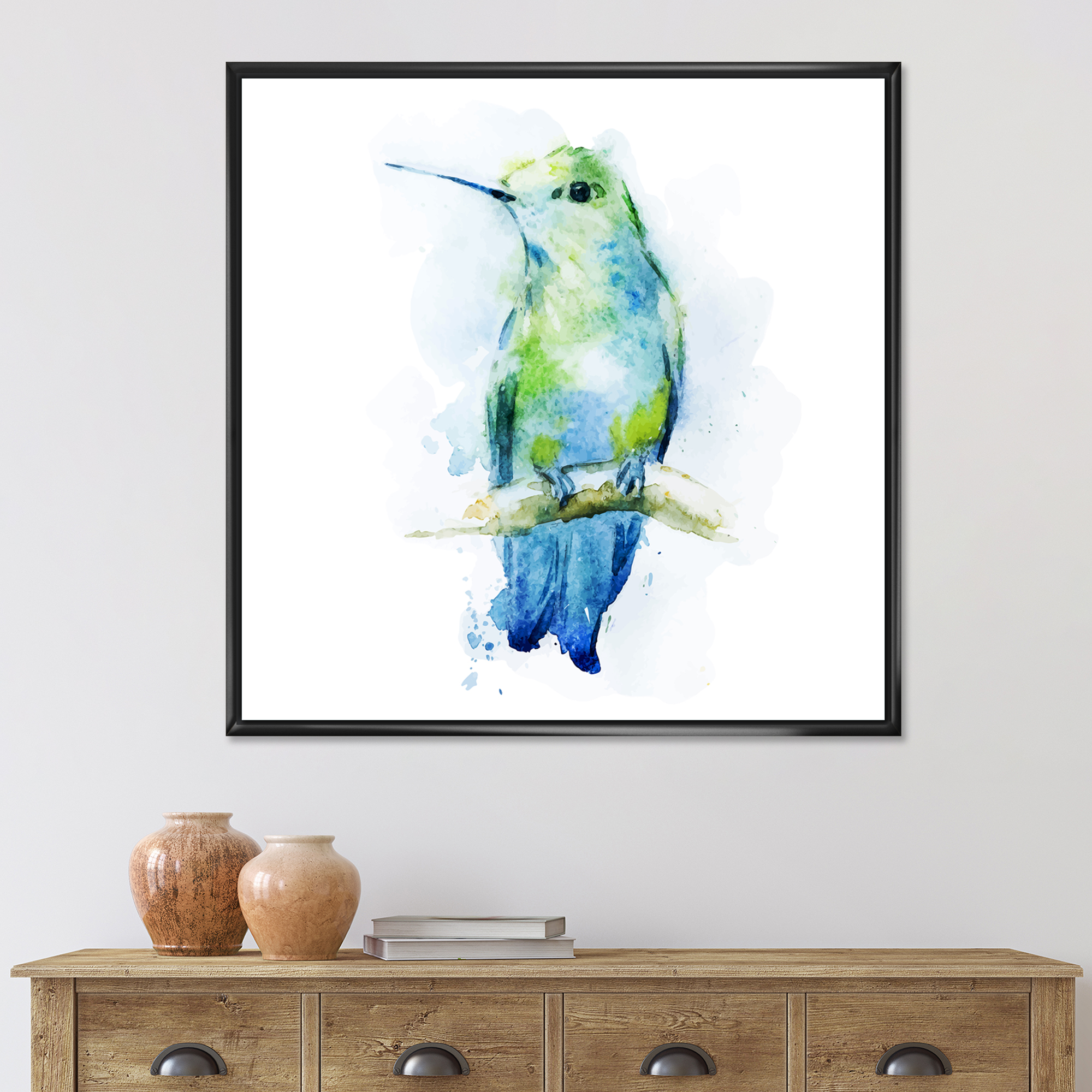 Colibri Bird On Branch 16 in x 16 in Framed Painting Canvas Art Print, by Designart