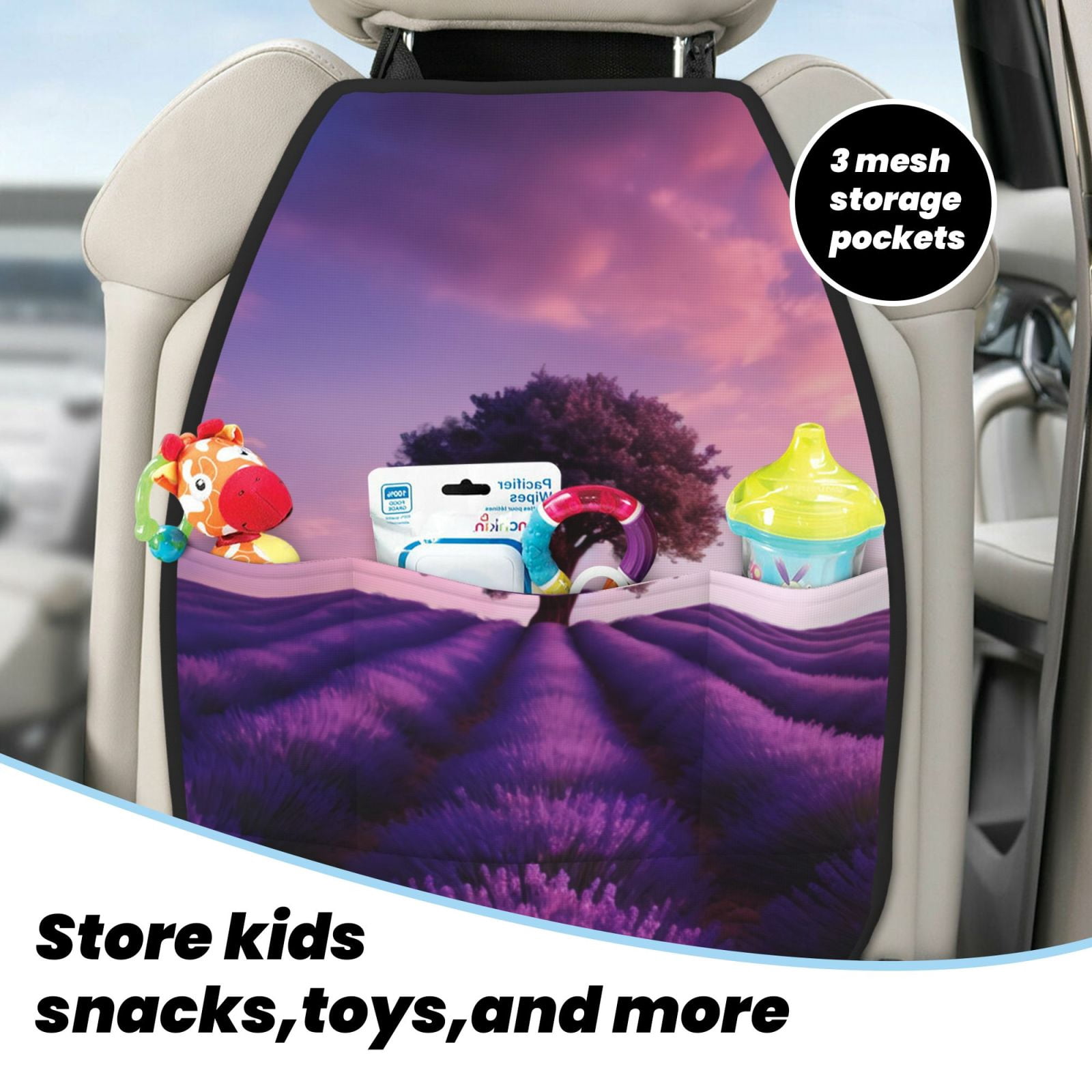 Kdxio Lavender Field Sunset Print 2 Pack Car Kick Mat Seat Cover Back Protector Mat with Pockets for Organizer Backseat Protector and Storage Anti Kick Pad for Vehicles