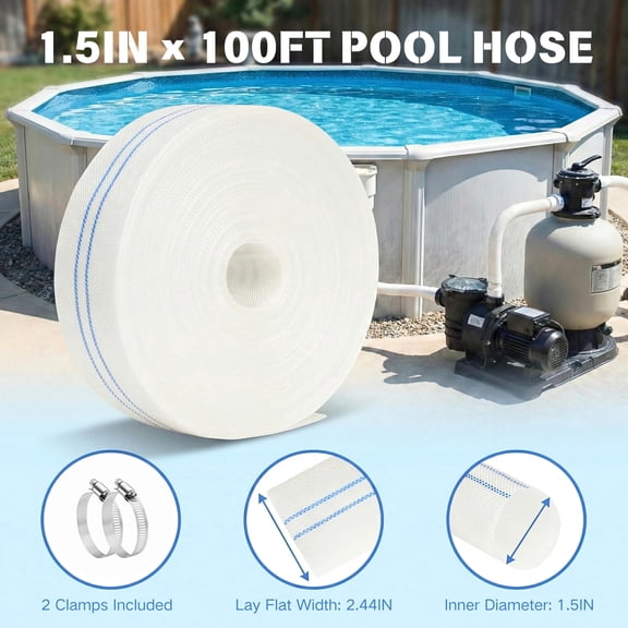 Pool Backwash Hose 1.5 IN x 100 FT Heavy Duty Drain Drainage PVC Flat Water Hose above Ground Swimming Pool Hoses for Sump Pump Discharge & Pool Filter with Clamp