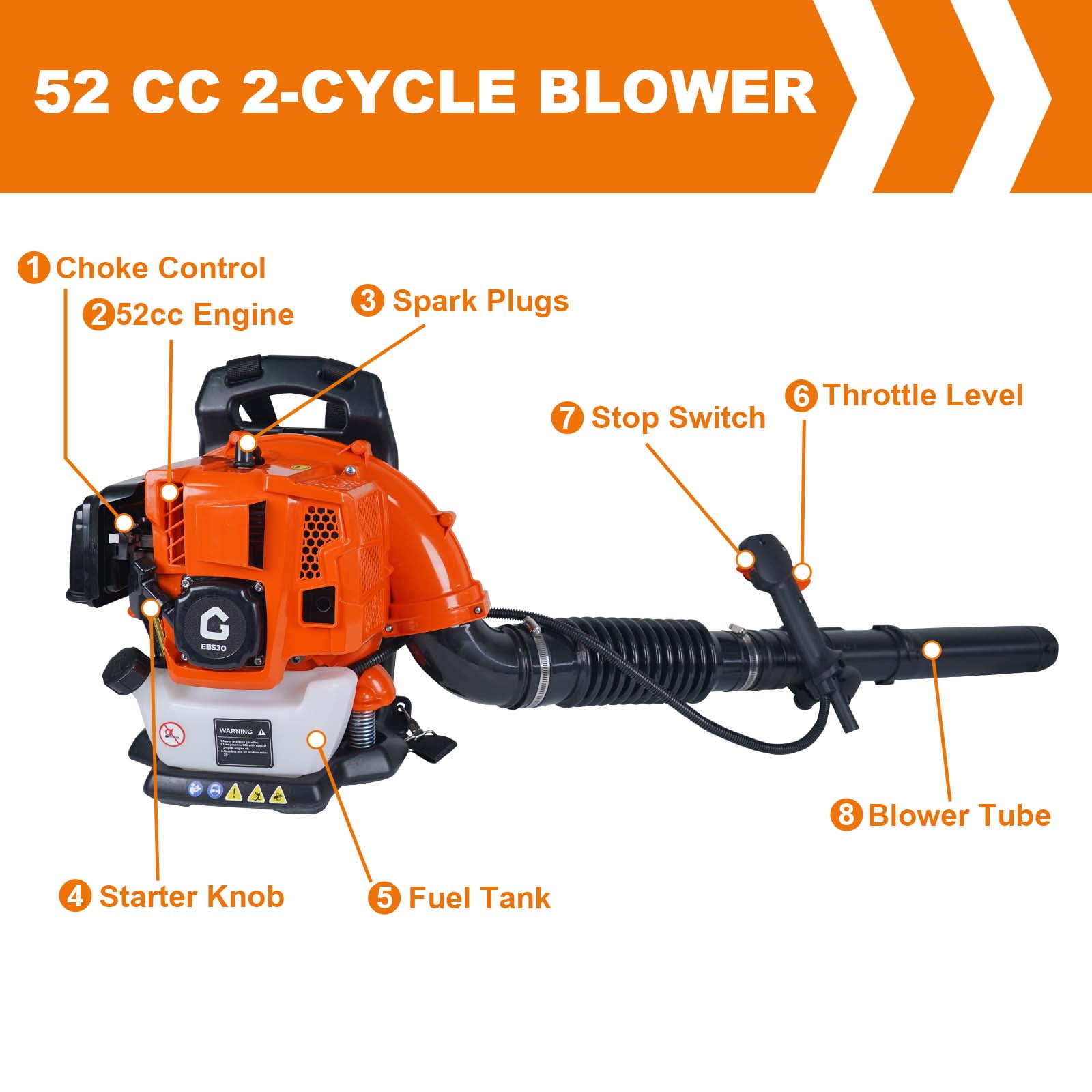 High-Power 52CC Backpack Gas Leaf Blower – 2.2HP, 780 CFM, 270 MPH, 2-Stroke Engine, Ergonomic Low Vibration,Easy Start,Cruise Control–Orange 2-Stroke Backpack Leaf Blower 52CC 2.2HP 780 CFM, 270 MPH