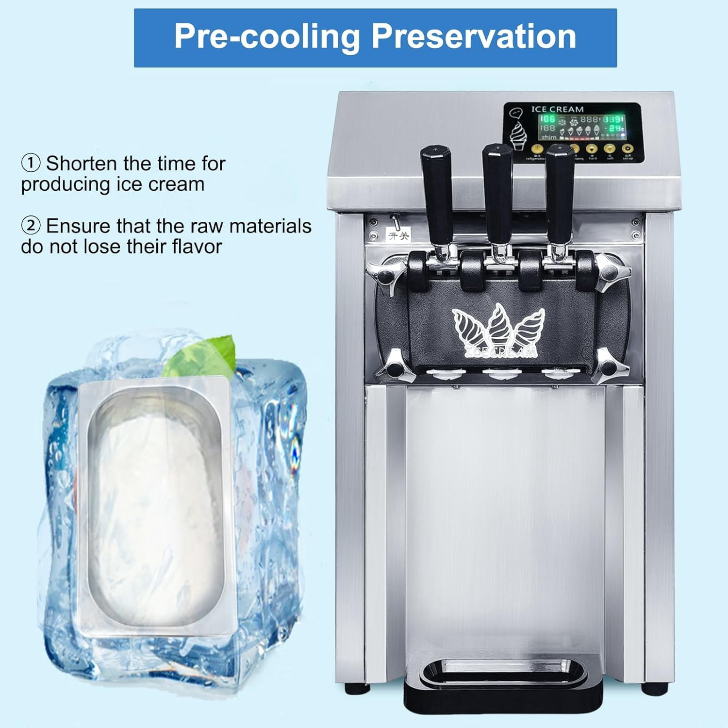 SIHAO Ice Cream Machine with Pre-cooling & Fresh-keeping Function, 18L/H Commercial Soft Serve Machine, 3 Flavors Countertop Soft Ice Cream Maker