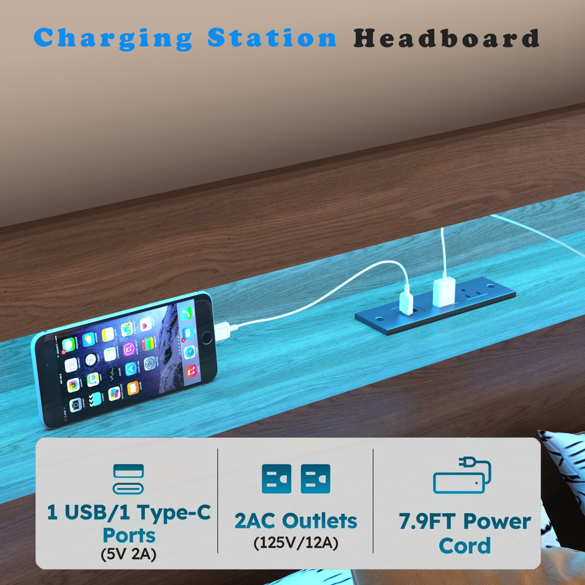 AENKYO Full Size Bed Frame with Bookshelf Headboard, Charging Station, 2 Drawers & Smart LED Lights, Walnut Color