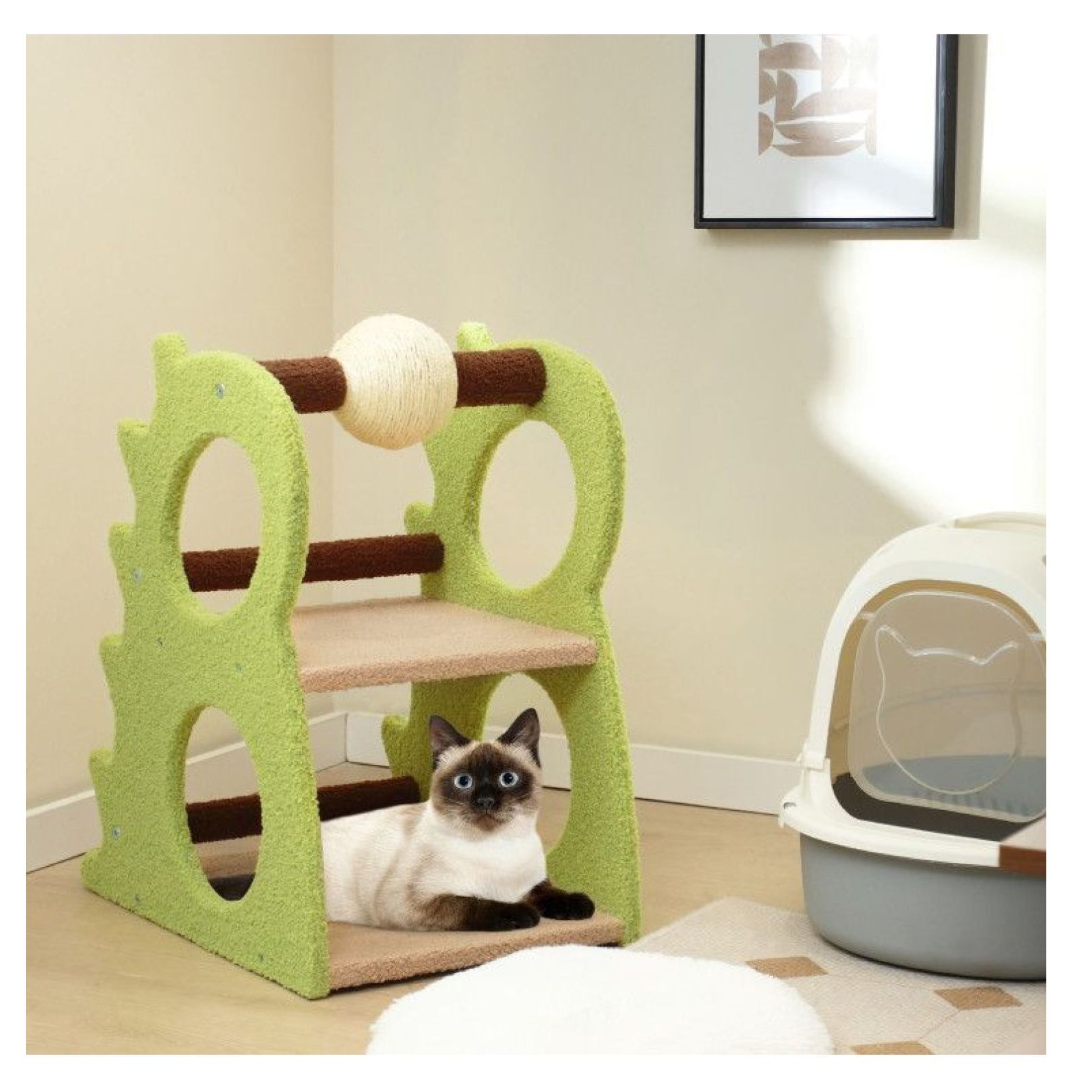 Cat Tree 2-Tier Dinosaur Design with Scratching Ball - Indoor Kitten Activity Center