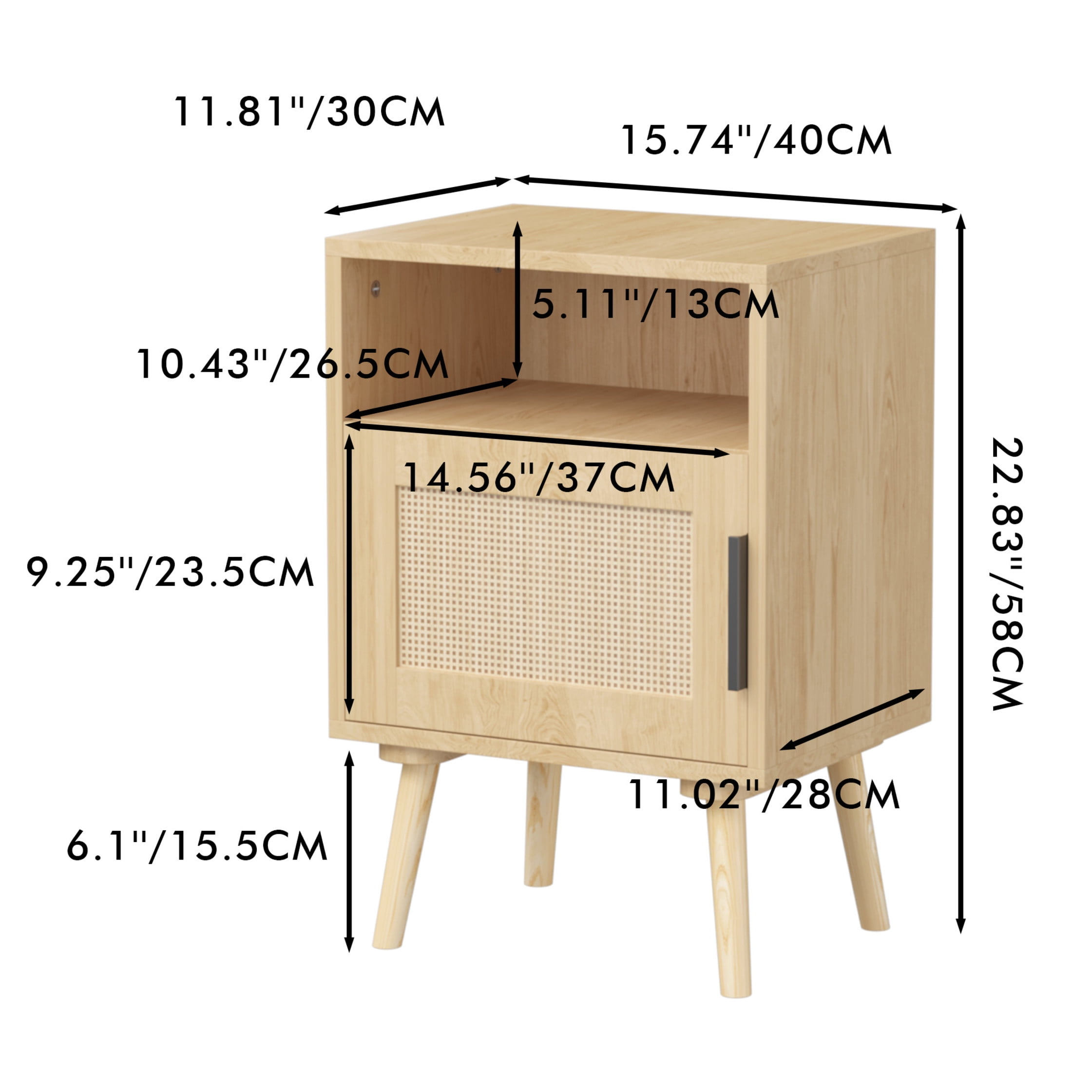 Noble House Samantha 22.8" Rattan Nightstand, Wood Accent Bedside Table with Door and Open Shelf, Oak