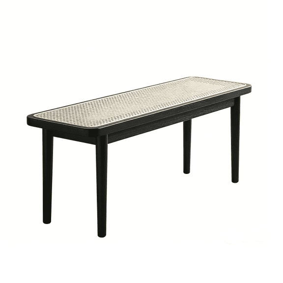 Black Narrow Bench with Handwoven Rattan - Solid Wood 47 Inch End of Bed Bench for Entryway, Dining Seat for Living Room Hallway