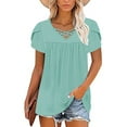 thumbnail image 6 of Womens Tops Plus Size Short Sleeved V-Neck Pleats Solid Color Loose T-shirt Green M, 6 of 6