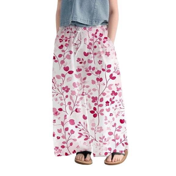 TIREOW Girls Wide Leg Pants Cute Print Elastic High Waist Drawstring Baggy Casual Pants Fashionable Breathable Lightweight Pants