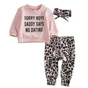 Newborn Baby Girl Outfit Daddy Says No Dating Tshirt Long Sleeve Sweatshirt Tops Leopard Pants Fall Winter Pink Clothes
