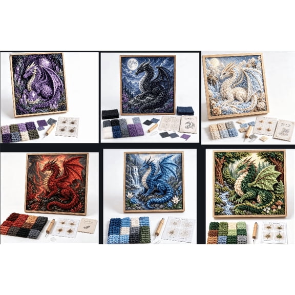 Mythic Dragon Realms 3D Fabric Poke Art Kit, No-Sew Dragon Fabric Poke Craft Kit for Adults, Pre-Cut Squares, Handmade Fantasy Wall Art Decor, Dragon Lover Gift