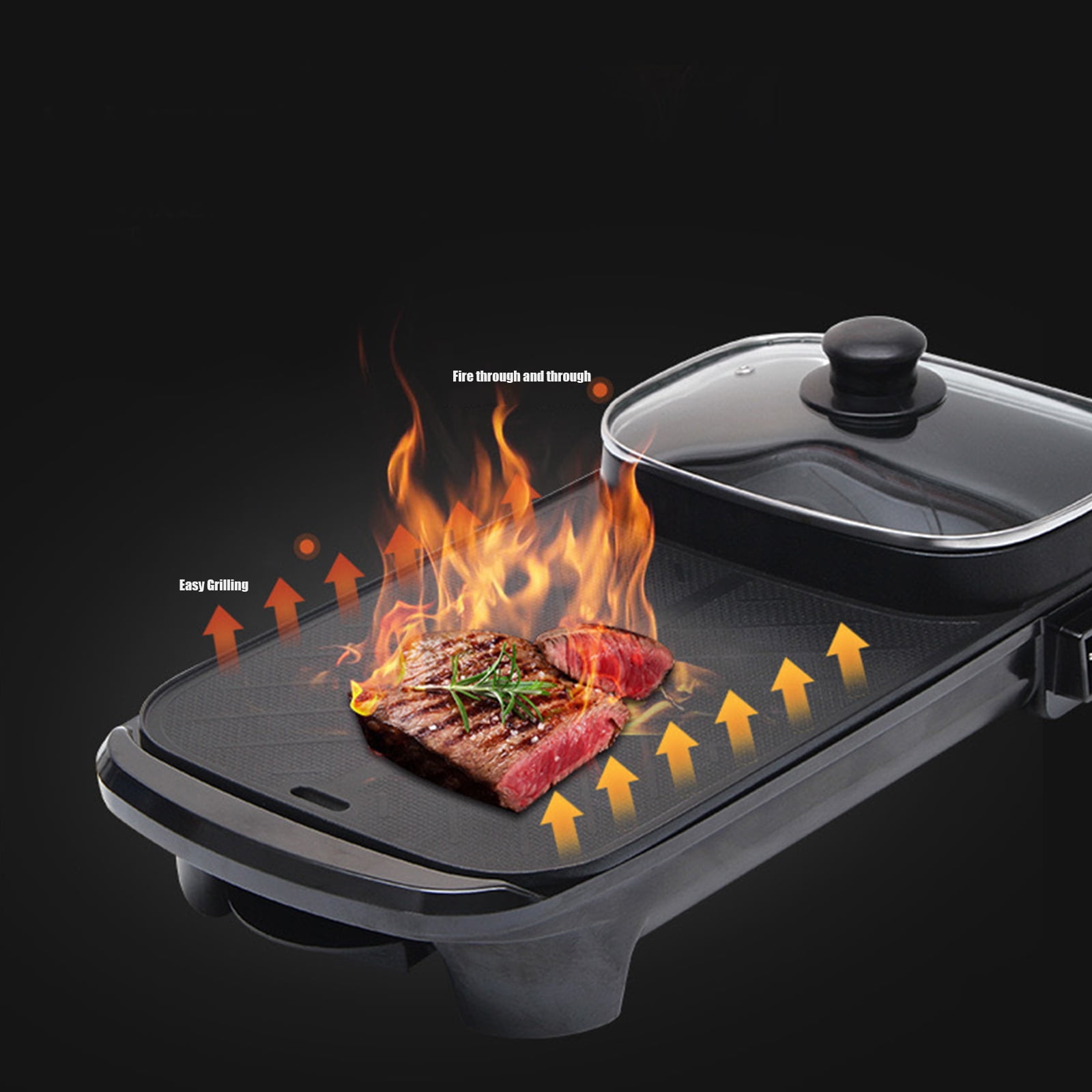 2 in 1 Electric Hot Pot and Grill, 1200W Non-Stick Smokeless Multifunctional Teppanyaki Grill Pot with 5 Temperature Control, Shabu Shabu for Indoor Korean BBQ, Black