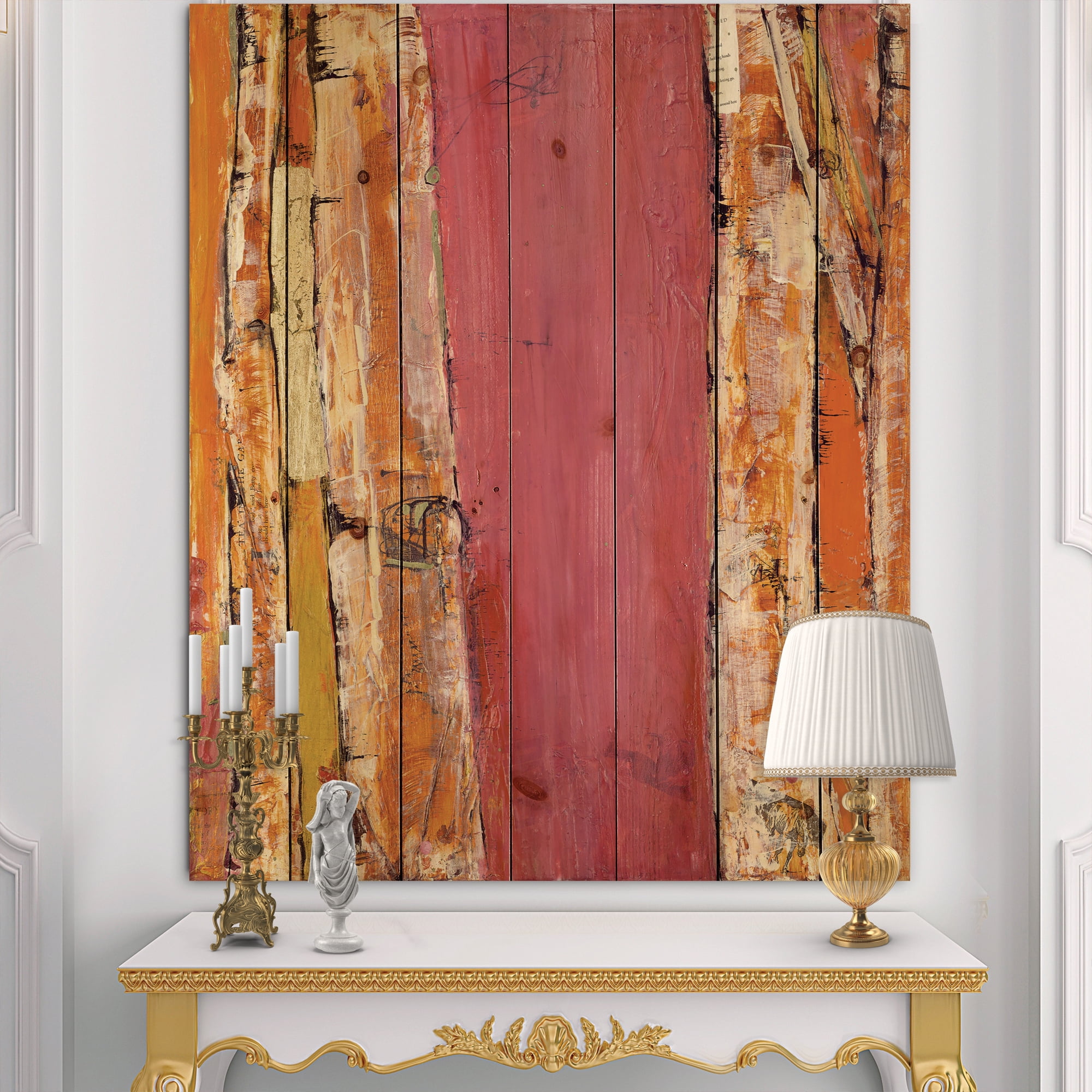 Designart 'Glamorous Composition of Gold and Red' Mid-Century Modern Print on Natural Pine Wood