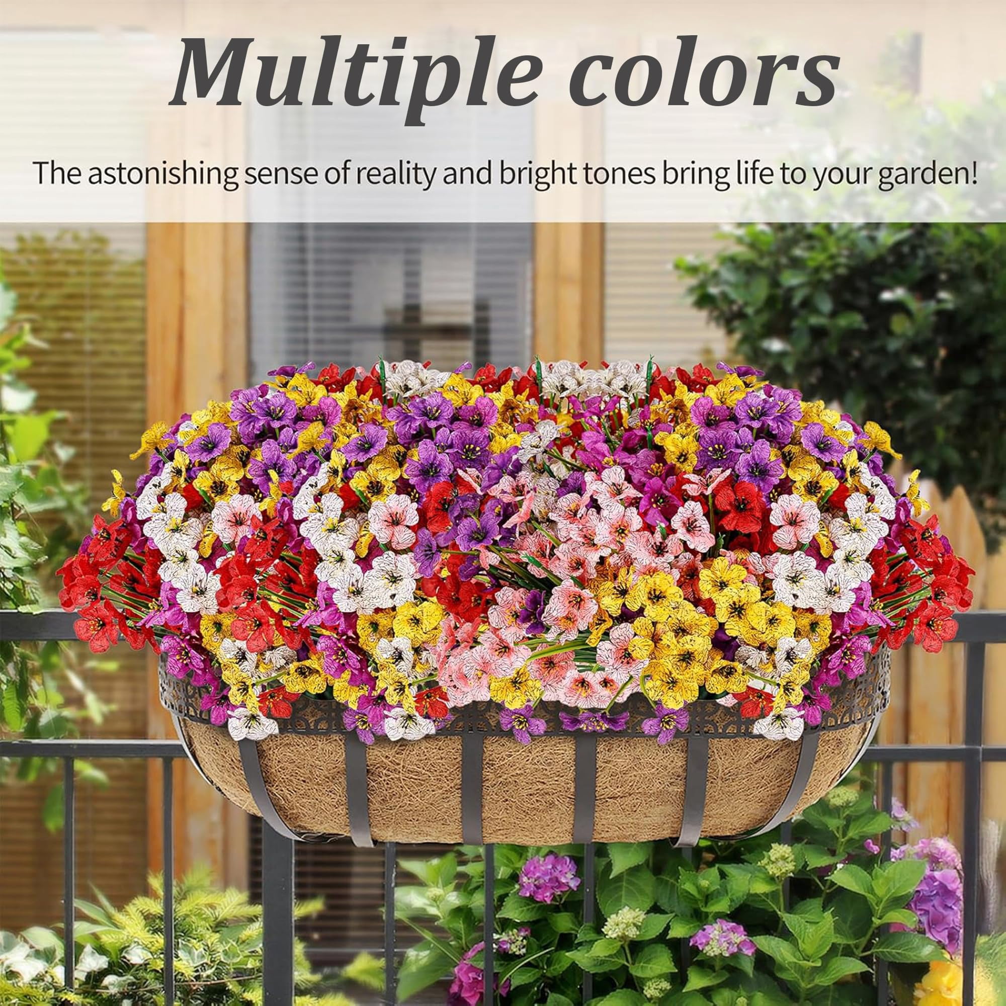 24 Bundles Artificial Flowers for Outdoors, Fake Silk Violet Flowers Faux Plants UV Resistant for Hanging Planters Window Box Front Porch Indoor Outside Decorations (6 Colors Assorted)