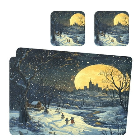 

Wobogo Winter Village Scenery Placemats Coasters Set of 2 Heat-resistant Non-slip Easy to Clean Square Dinner Plate Mat