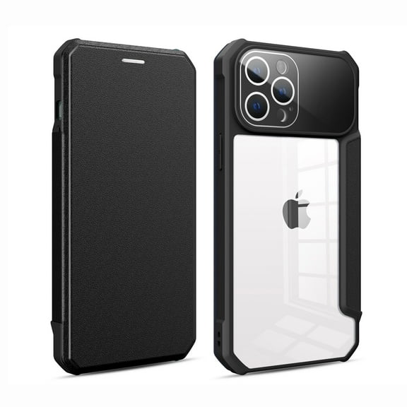 Nalacover Wallet Case for iPhone 14 Pro, Clear Rugged PC Soft Silicone Shockproof Anti-Drop Premium PU Leather Flip Cover with Card Slot Holder Magnetic Kickstand Lens Protective Case,Black