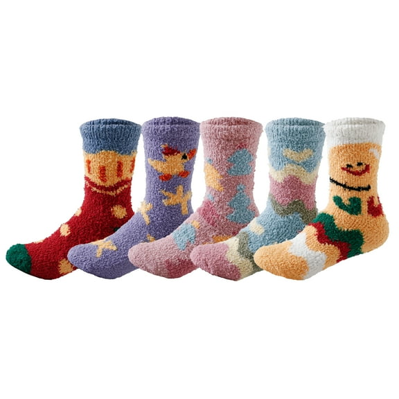 SKOLA Plush Slipper Socks Women,Warm Fluffy Crew Socks Cozy Soft for Winter Indoor,Non Slip Fuzzy Socks with Grips for Women,Microfiber Home Sleeping Socks 5 Pack