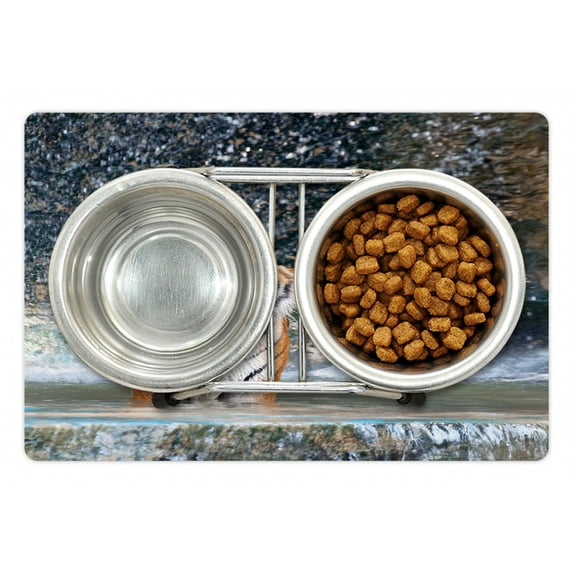 Waterfall Pet Mat for Food and Water, Image of a Large Majestic Tiger in the Waterfall Exotic Wildlife Animal in Nature, Non-Slip Rubber Mat for Dogs and Cats, 18" X 12", by Ambesonne