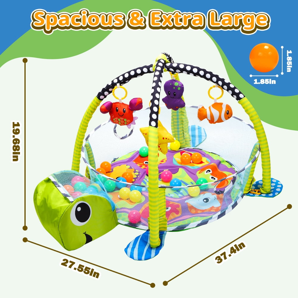 JoyStone 4 in 1 Turtle Baby Play Gym Activity Mat with 30 Balls, 4 Detachable Sound Toys, Baby Sensory Mat for for Toddler Infant, Newborn Gift for Boys and Girls, Green