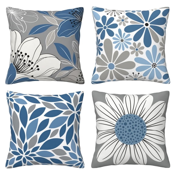 4 Pack Throw Pillow Covers 18x18 Inch, Blue Gray Floral Decorative Pillow Cases, Faux Linen Square Cushion Covers for Couch Sofa, Living Room Bedroom Botanical Home Decor