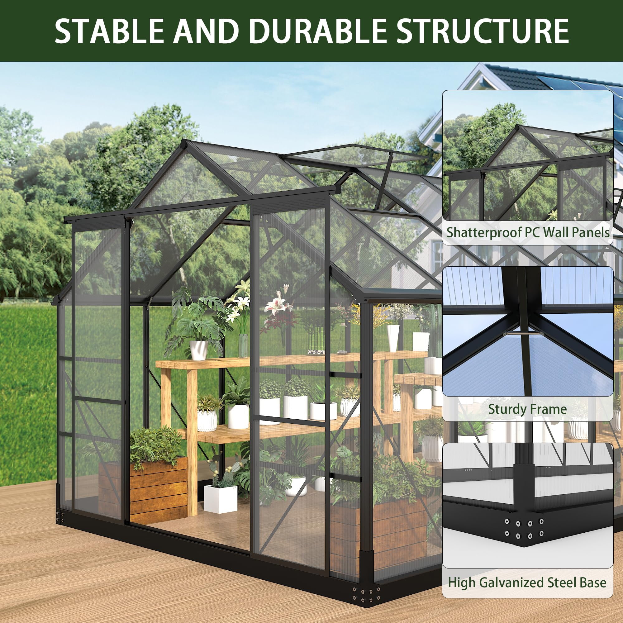 8x16 FT Greenhouse Outdoor, Akaber Walk-in Garden Greenhouse with Polycarbonate Panels, Aluminum Frame Windproof Greenhouses for Outside