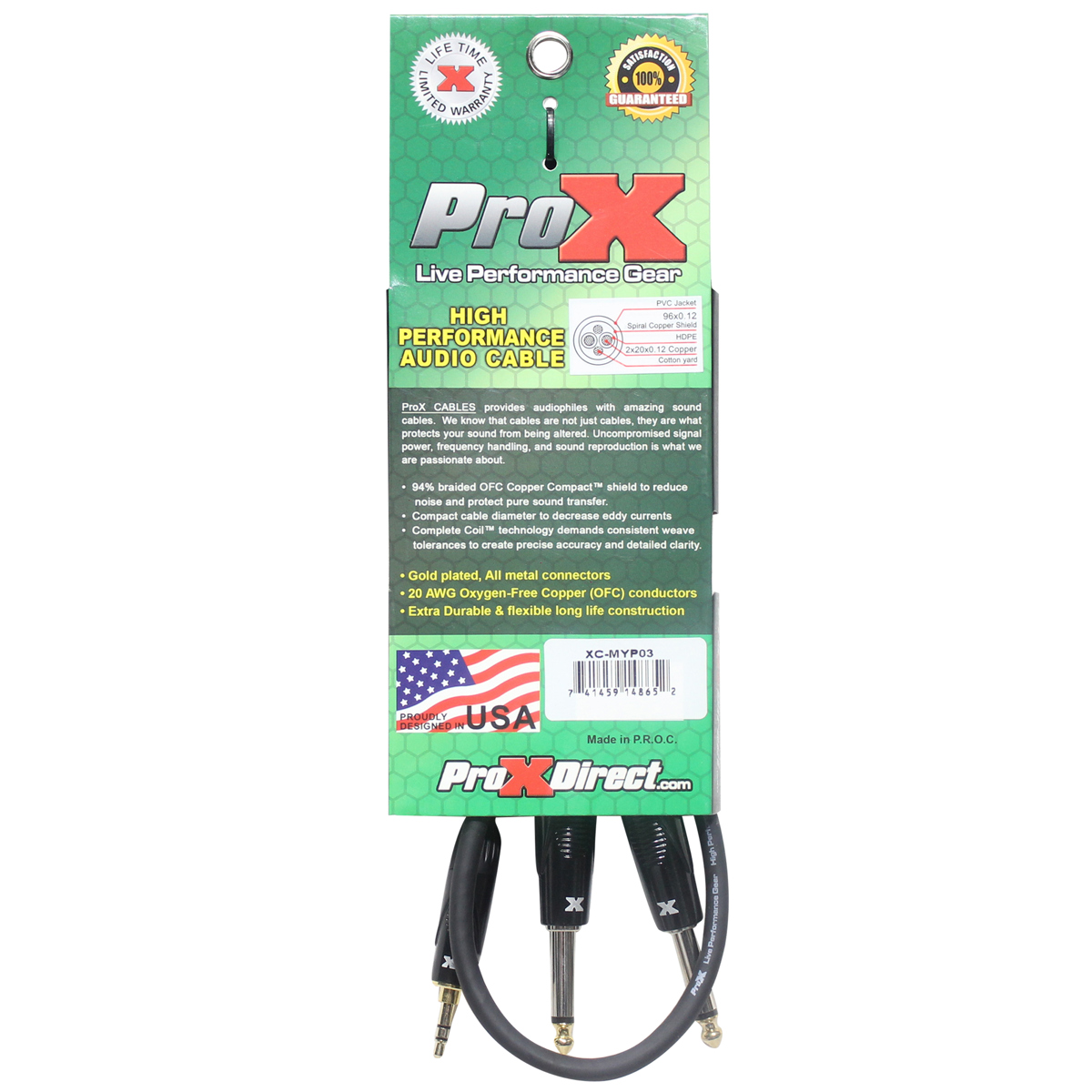 ProX XC-MYP03 3' 1/8" (3.5mm) Mini-TRS to Dual TS-M Unbalanced High Performance Audio Y Cable