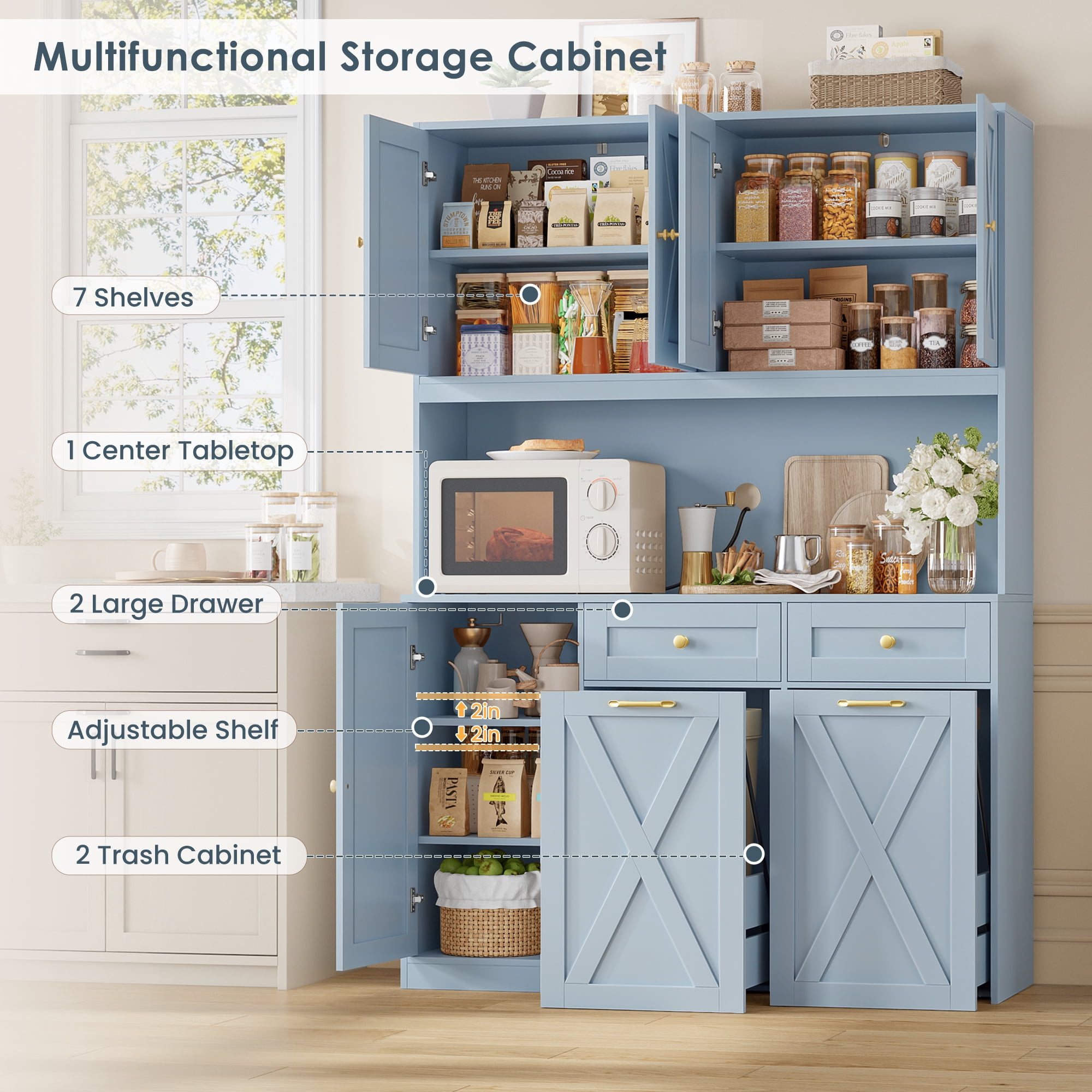 Homfa Kitchen Pantry Cabinet, Trash Can Cabinets Fits 12.5 Gallon Can, 5 Door 2 Drawer Kitchen Storage Cabinet with Hutch, Freestanding Cupboard, Blue