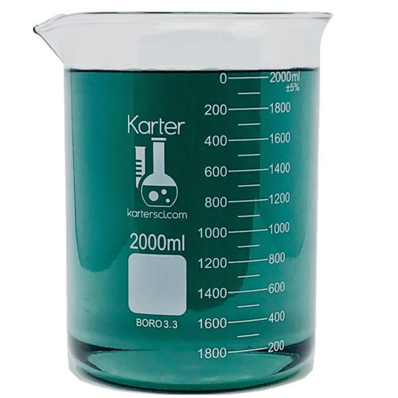 2000ml Beaker, Low Form Griffin, Borosilicate 3.3 Glass, Double-Scale Graduations, Karter Scientific 247P4 (Pack 1)