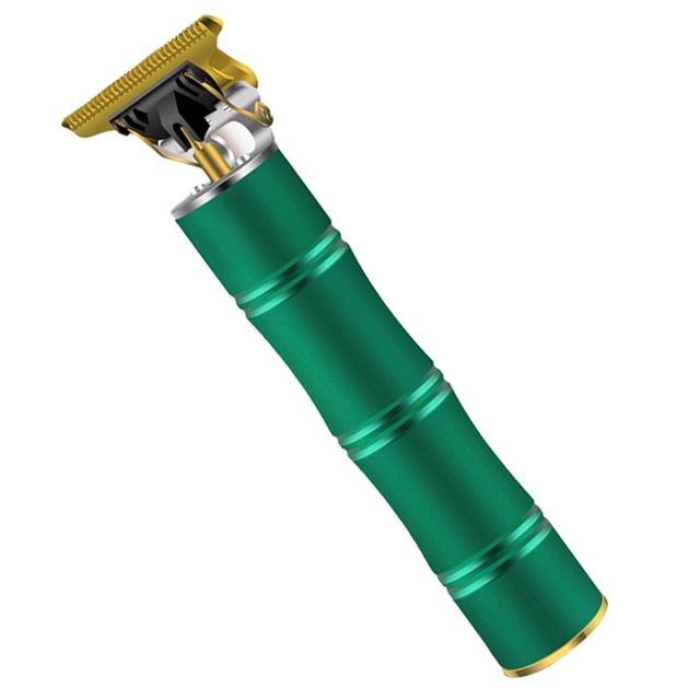 cortapelos para hombres, recortadora de corte cerrado, kit de aseo recargable eléctrico inalámbrico con hoja en t vhermosa Vista 3/4 de la recortadora Vhermosa color estilo2 con cuerpo cilíndrico verde metálico y bandas antideslizantes; cabezal T dorado de acero al carbono y hojas de titanio visibles, diseño ergonómico y ligero para contorno y afeitado en seco; a menudo se usa también para perfilar patillas y detalles de barba.