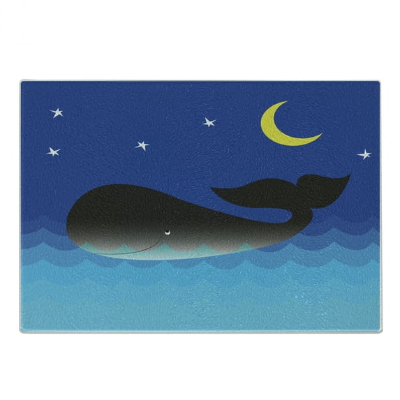 Whale Cutting Board, Mammal in the Ocean Moon and Stars Friendly Design, Decorative Tempered Glass Cutting and Serving Board, Small Size, Blue Grey and Pale Blue, by Ambesonne