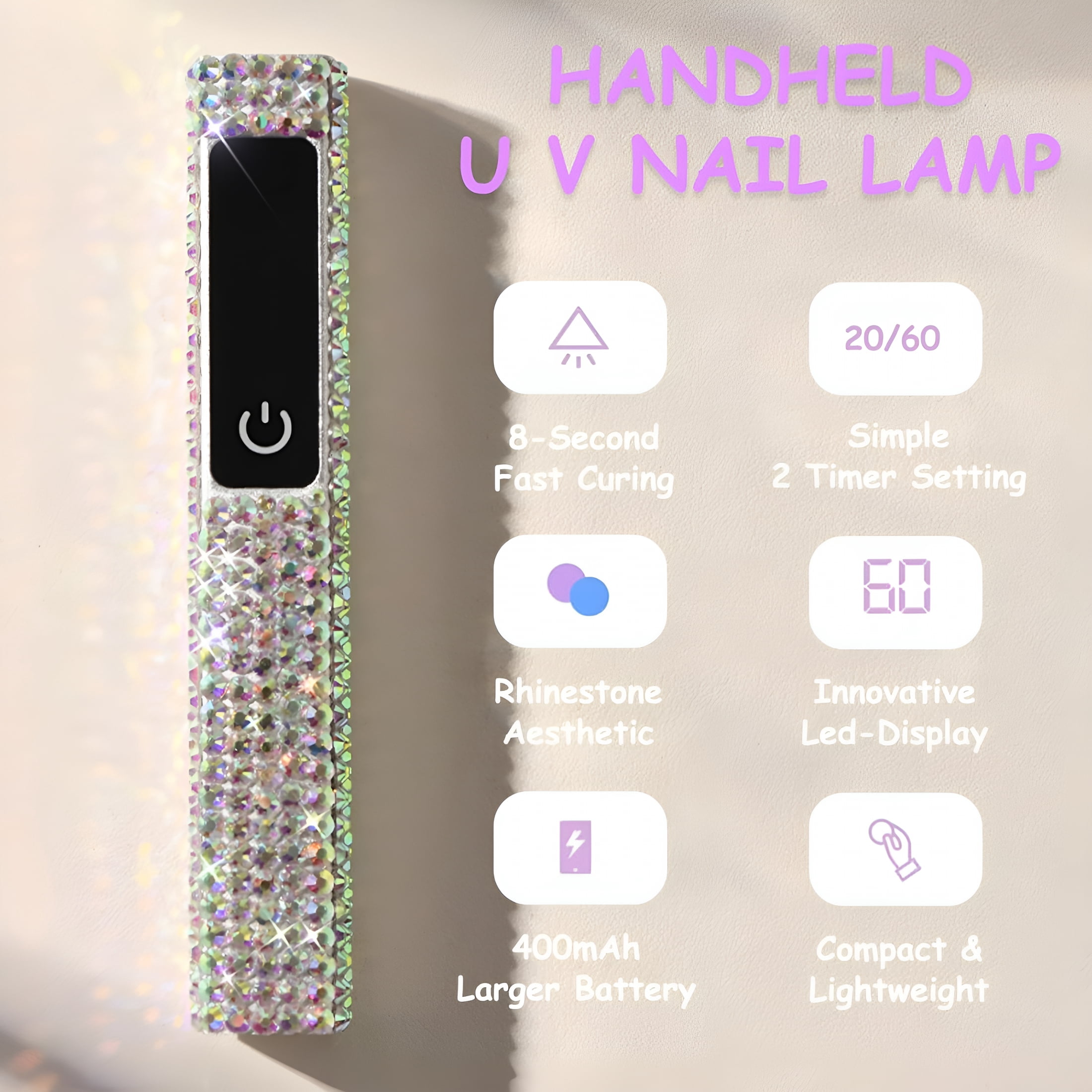 HIBIBUD Crystal Rhinestone Uv Nail Lamp,Artificial Bling Handheld Uv Light for Nails,Portable Mini Nail Light with 2 Timer And Led Display,Rechargeable Usb Nail Dryer for Fast Curing Gel Polish