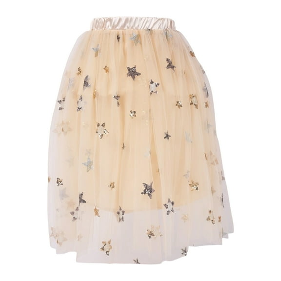 CUZIBR Kids Girls Dance Start Sequins Skirts Elastic Waist Midi Length Party Ballet Skirt Prince Birthday Wedding Casual Dailywear,Beige,6-7 Years
