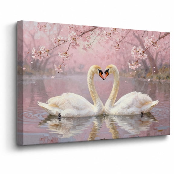 Framed Pastel Floral Lake Canvas Wall Art Decor Pink Cherry Blossom and Swan Reflection abstract canvas print for bathroom bedroom living room
