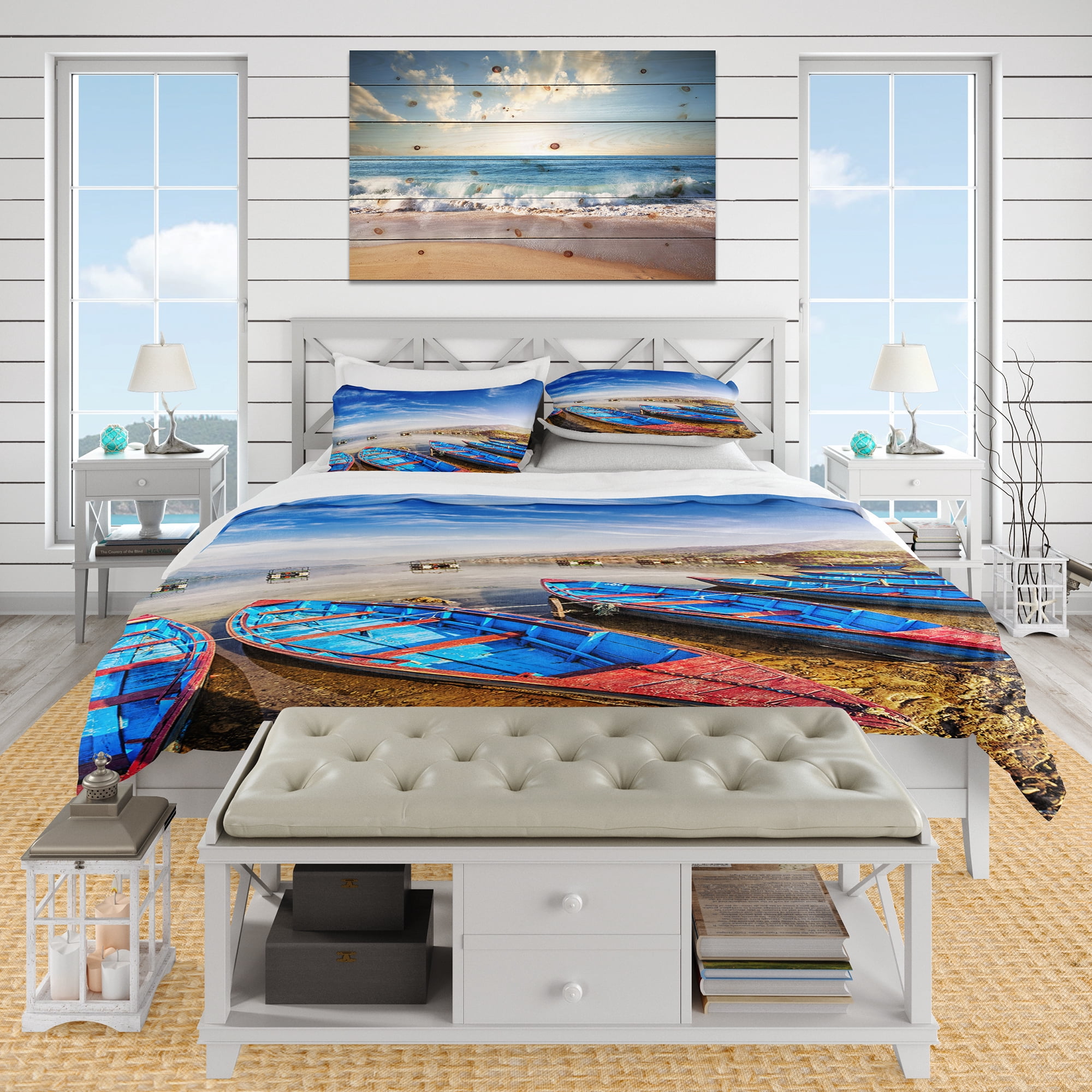 Designart 'Blue Boats Under Blue Sky' Coastal Duvet Cover Set