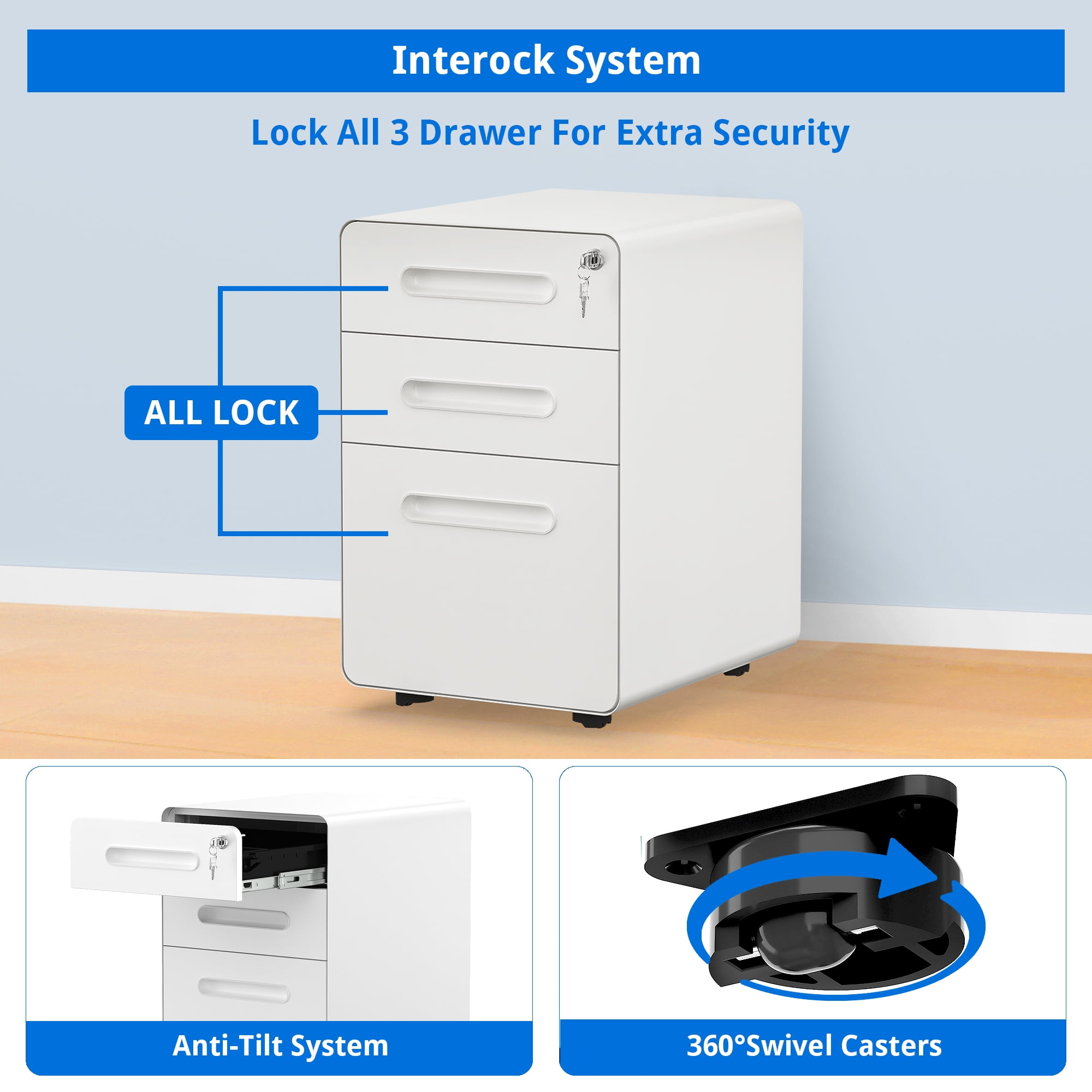 Uforic Mobile File Cabinet with Lock, 3 Drawers, Rolling Design, Suitable for Legal/Letter/A4 Size Documents, Perfect for Home or Office Use, Pre-Assembled and Finished in White