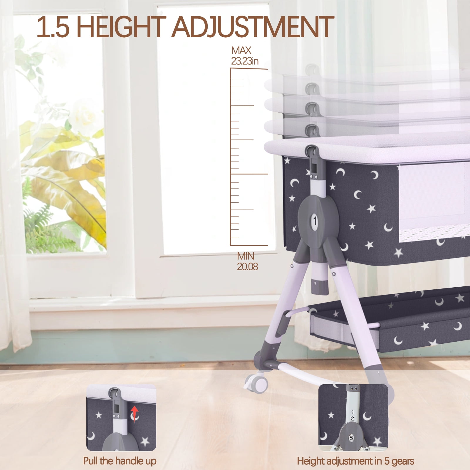 StarZe Baby Bassinet with Mosquito Net and Storage Rack,Silent Wheels,Adjustable Height,Black.