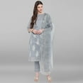 thumbnail image 3 of Janasya Indian Round Neck 3/4 Sleeve Ethnic Motifs Grey Poly Chanderi Kurta With Pant and Dupatta For Women, 3 of 8
