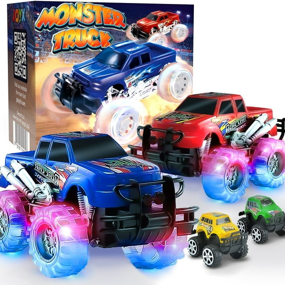 JoyX 4-Pack Light Up Monster Trucks with LED Tires – 2 Push & Go   2 Mini Pull-Back Cars, Kids Toy Gift Set