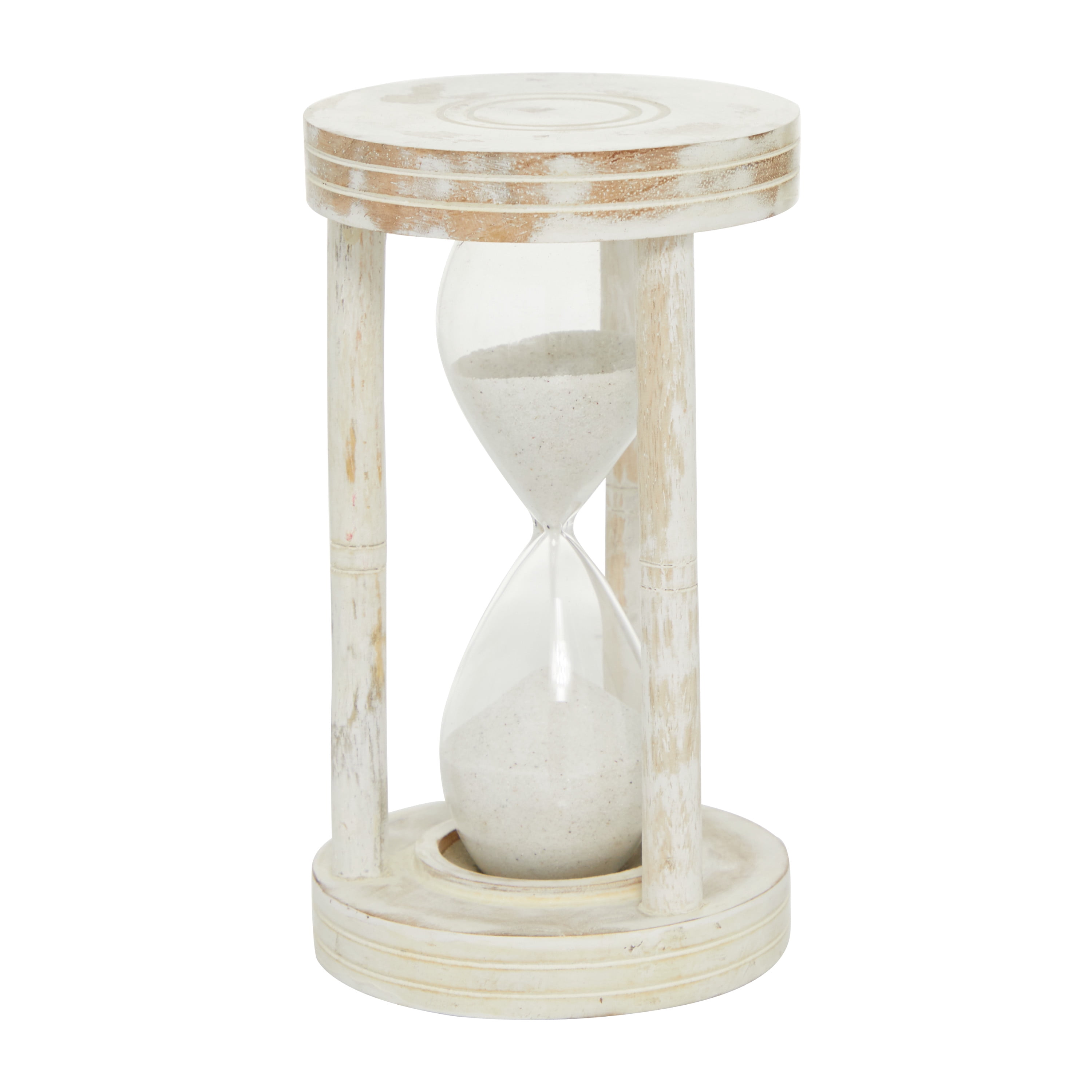 DecMode Farmhouse Wood Sand Filled Glass Timer 4"W x 7"H with Mango Wood Frame and Distressed White Finish